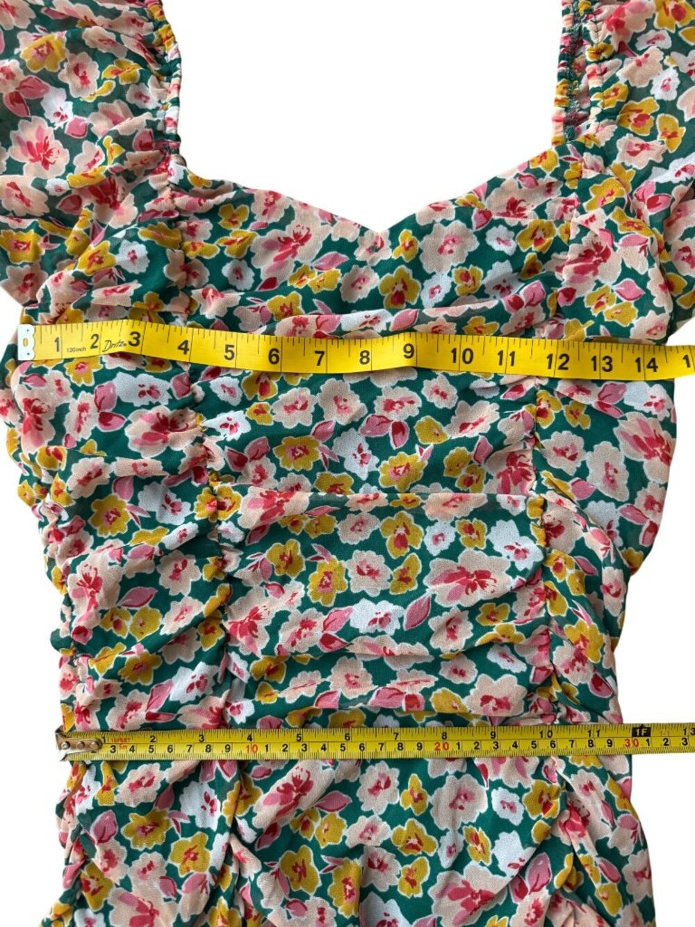 Lush Floral Mini Dress Green Pink Floral Ruched Bodycon Feminine Size M - Picture 6 of 10